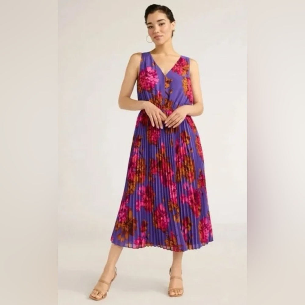 Vibrant Floral Pleated Midi Dress – Romantic Boho V Neck size Small NWT